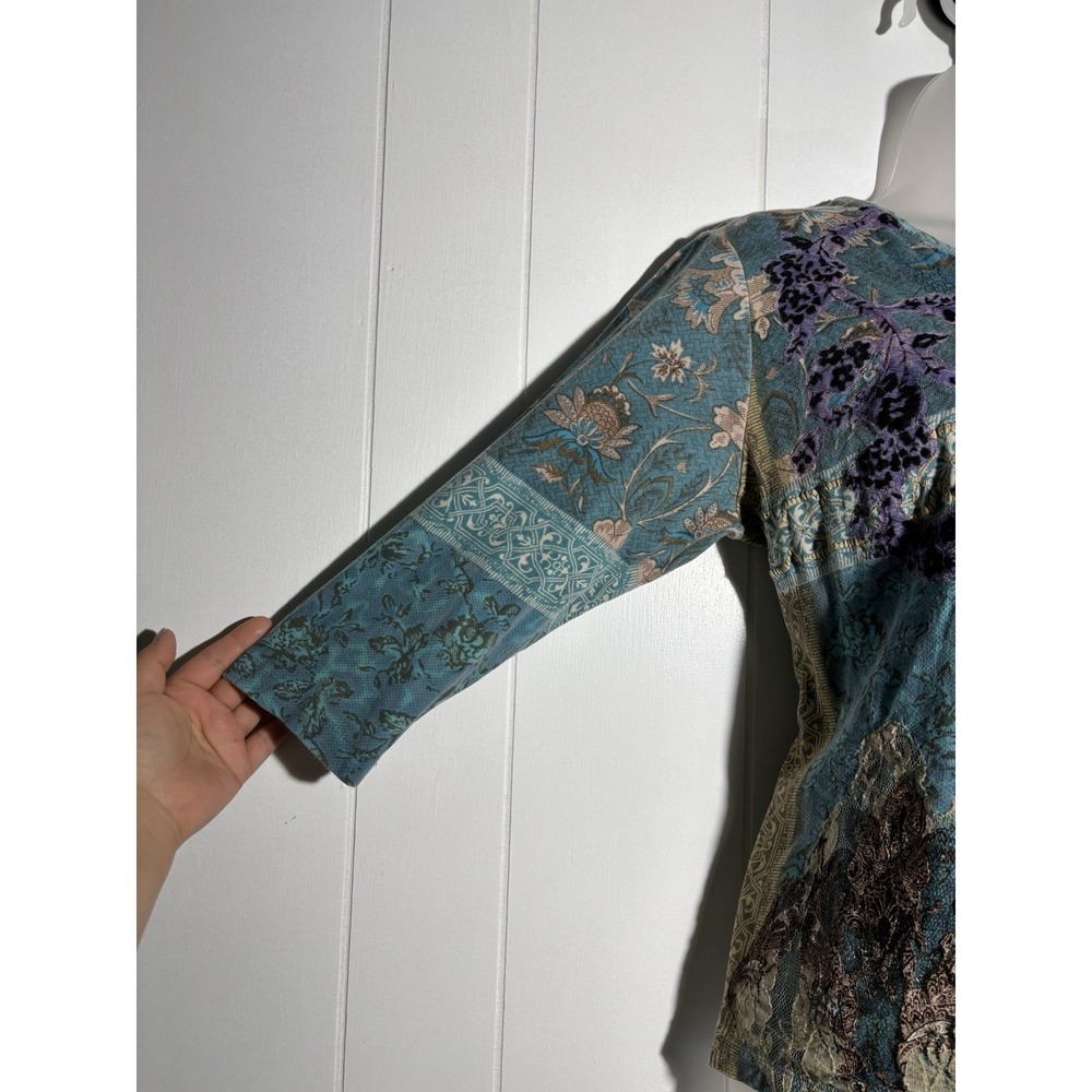 Vintage Grunge Y2K Textured Patchwork Lace Print 3/4 Sleeve Top Teal Tan M - Picture 4 of 12